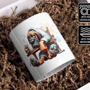 Taza divertida de perro perezoso con frase sobre el café y el sueño.